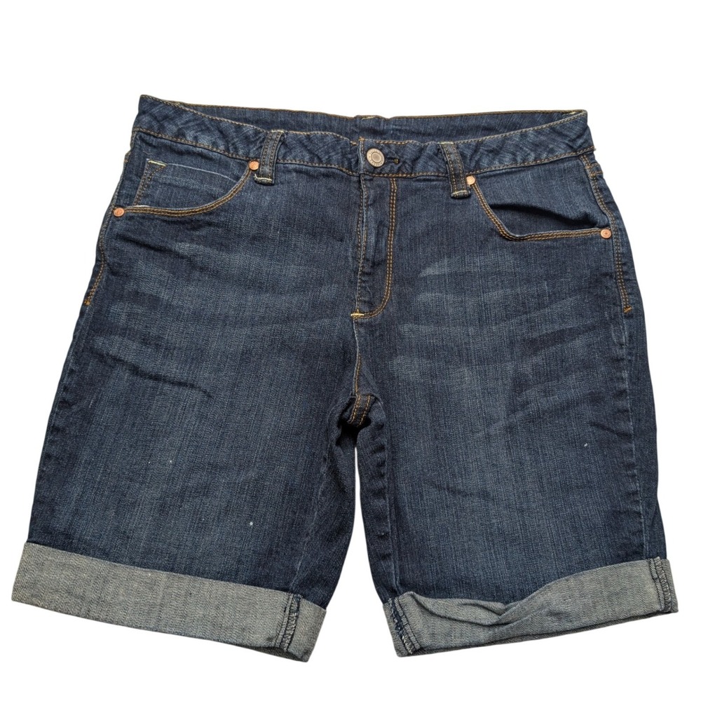 Faded Glory Bermuda Denim Shorts Womens 16 Blue Dark Wash Cuffed Stretch Casual